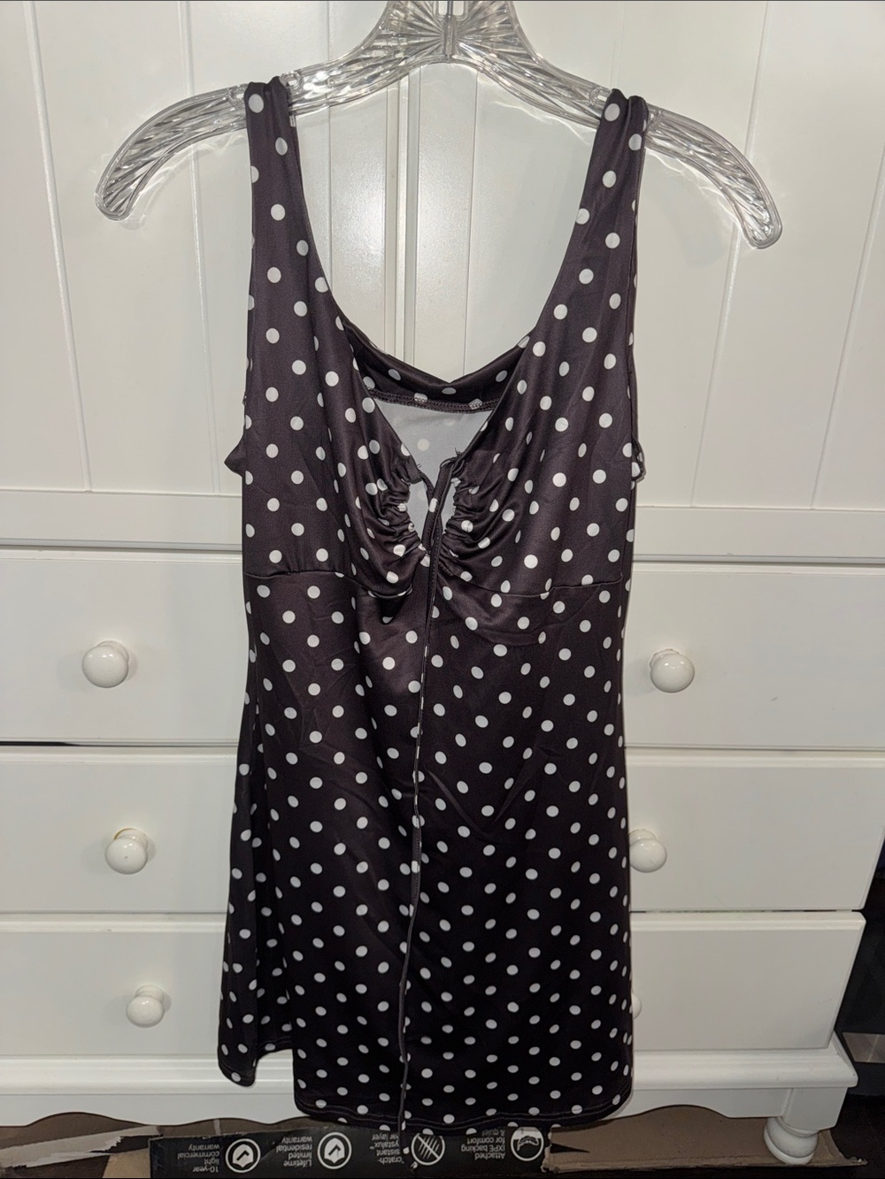 Polka Dot Mini Dress with Ruched Front in brown and White